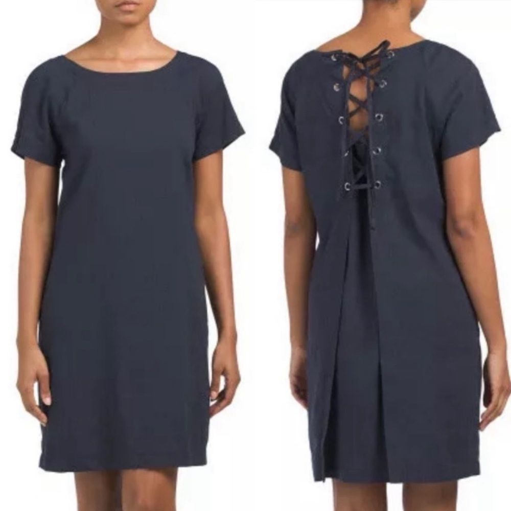 Theory navy blue raglan lace up back shirt dress